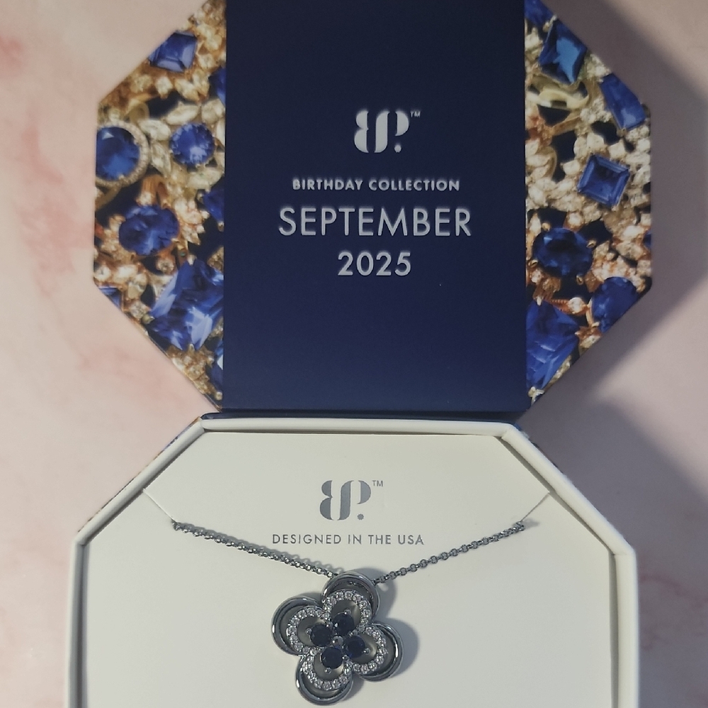 bp Silver Floral Pendant Necklace with Blue Stones